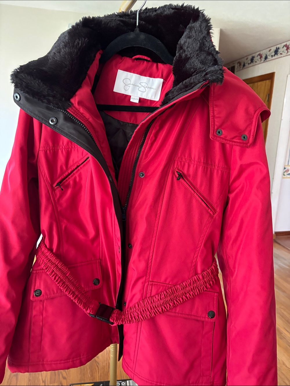 Jessica Simpson Red Faux-Fur Collar Belted Ski Jacket
